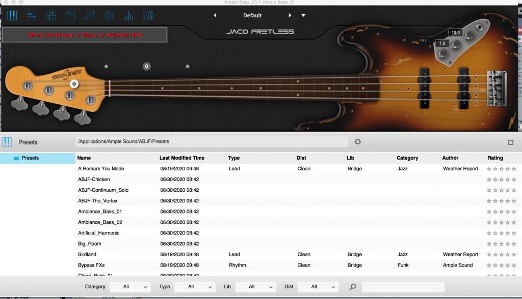 Different presets of Ample Bass